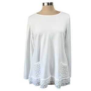 LOGO Lounge Lori Goldstein White Lace Trim Tunic Top Sz M Casual Relaxed Chic